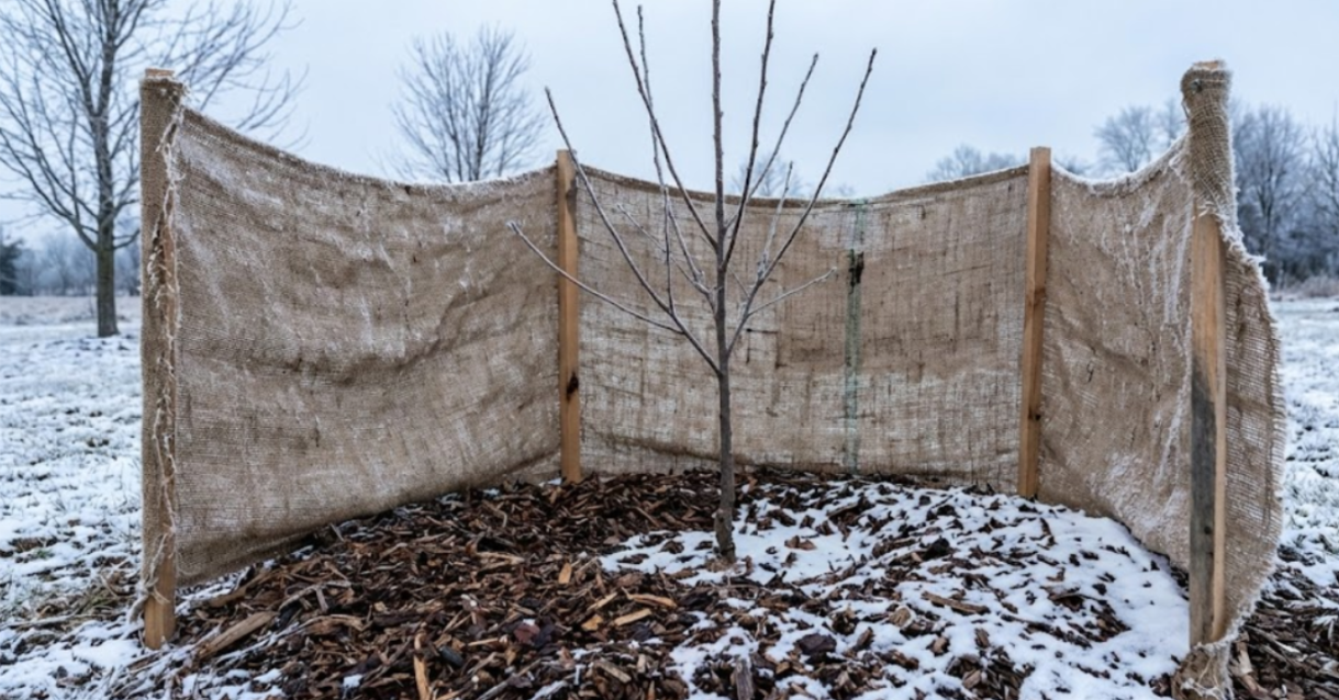 Young tree protected with burlap windbreak and mulch during winter