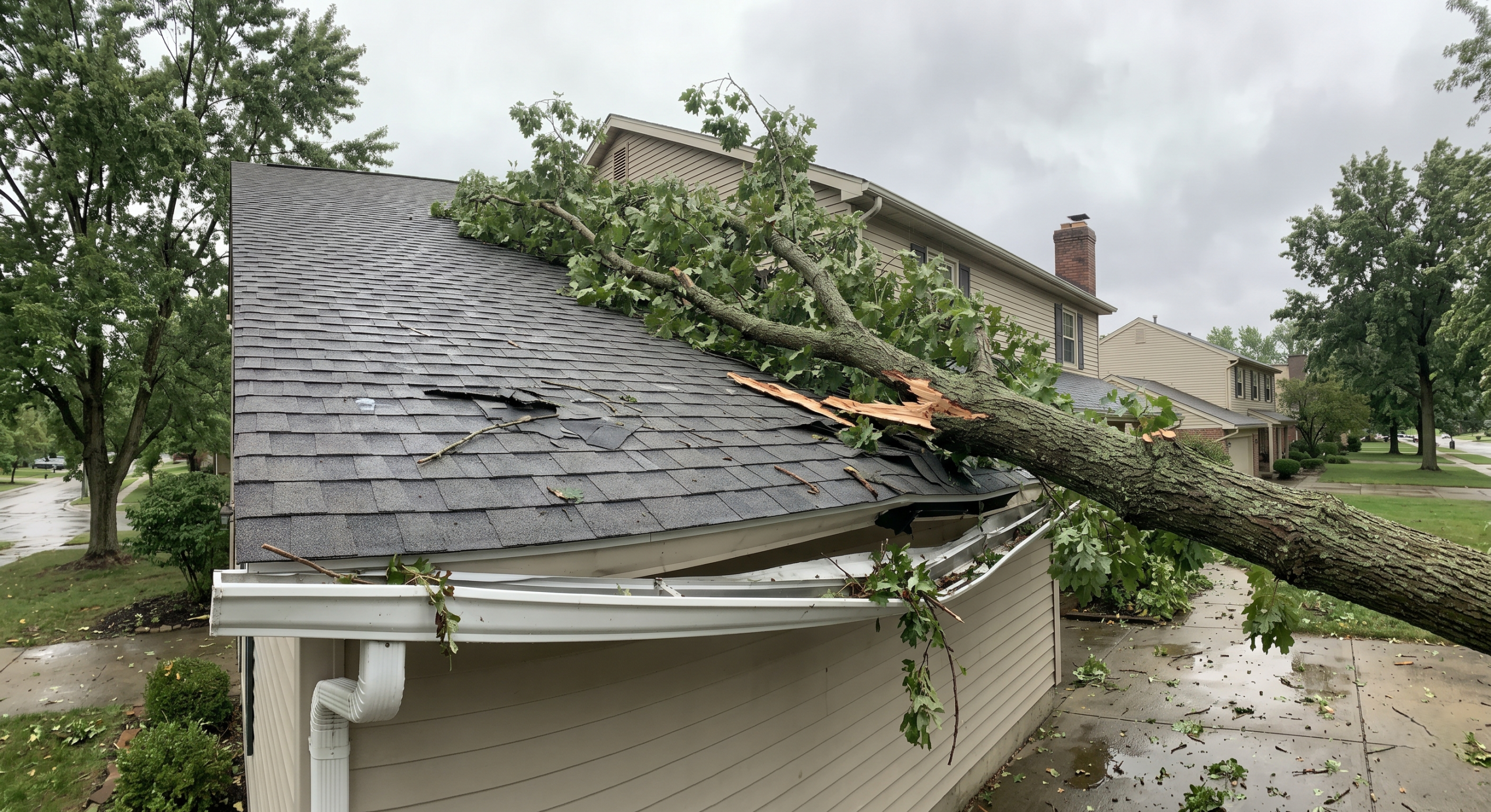 A large fallen tree limb resting on a residential roof after a storm in Grove City.