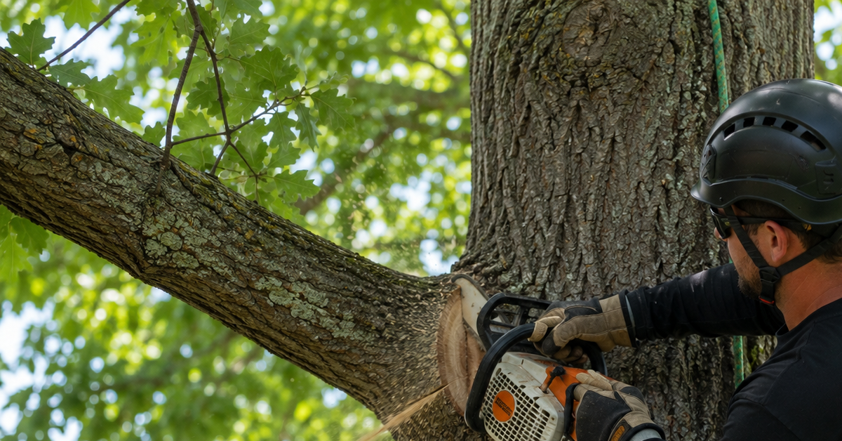 Certified arborist making a precise branch collar cut on a residential oak tree in Columbus, OH